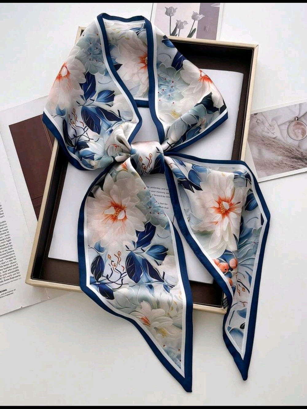Elegant Floral Silk Scarf - Navy Trim